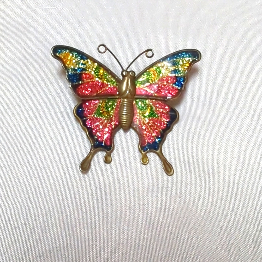 Vintage‎ Gold Toned Enamel Rainbow Glitter Butterfly Fashion Brooch Pin 1.5"